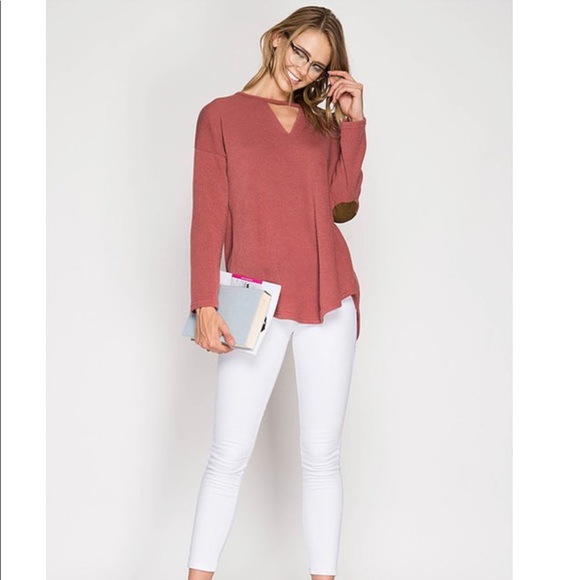 Brick Long Sleeve with Faux Suede Elbow Patch - Picture 2 of 3